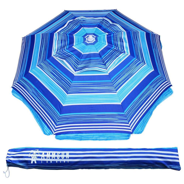 AMMSUN 6.5 ft Heavy Duty Beach Umbrella for Sand with tilt Air Vent Sun Shelter, UV 50+ Protection Outdoor Sunshade Umbrellas and Parasols with Carry Bag for Patio Garden Beach Pool stripe Blue