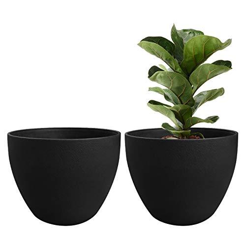 Outdoor Planter Flower Pots Outdoor- 11.3 Inch Planter with Drainage for Indoor Outdoor Plants Flowers, Black, Set of 2