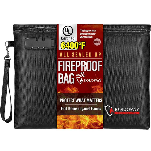 ROLOWAY Fireproof Document Bag (14.5 x 11.5 inch), 6400℉ Fireproof Money Bag with Zipper for Cash, Fireproof Bag Money Pouch, Fire Safe Cash Bag Banker Bag, Smell Proof Bag Money Bag with Lock (Black)