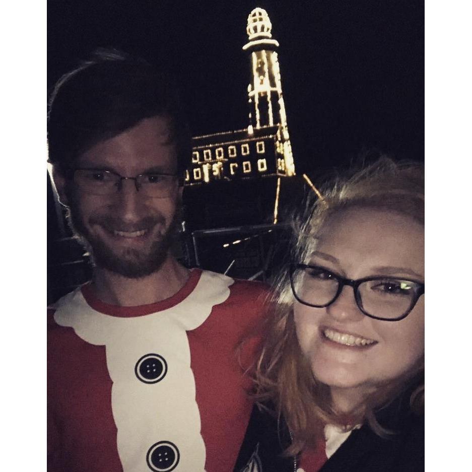 Wearing our matching Christmas PJ's to see the light house all lit up!