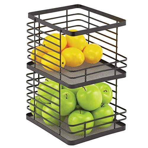 mDesign Farmhouse Decor Stackable Metal Wire Food Organizer Storage Bin Basket with Open Front for Kitchen Cabinets, Pantry for Organizing Fruits, Snacks, Vegetables, 2 Pack - Matte Black
