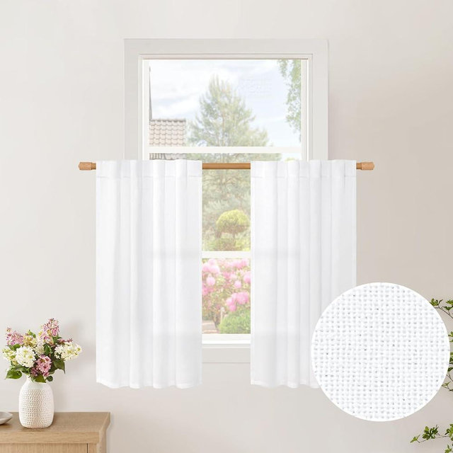 BGment White Linen Kitchen Curtains 36 Inch Length for Over Sink, Small Semi Sheer Drapes Light Filtering with Rod Pocket Back Tab for Bathroom Cafe Window, 2 Panels, 34 Inch Wide Each Panel