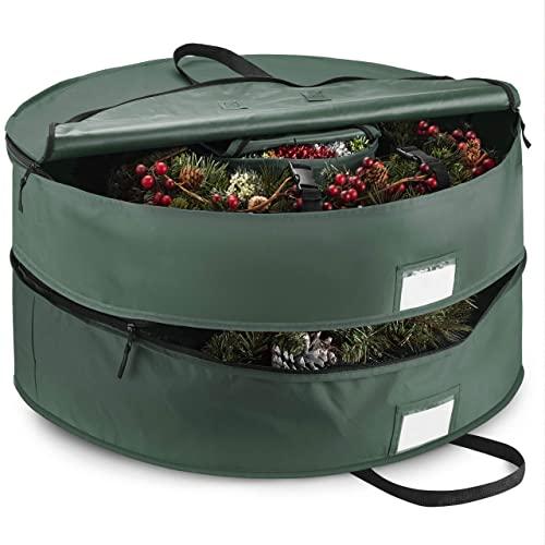 Double Premium Christmas Wreath Storage Bag 30”, With Compartment Organizers For Christmas Garlands & Durable Handles, Protect Artificial Wreaths - Holiday Xmas Bag Made of Tear Proof 600D Oxford