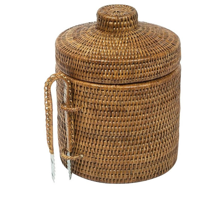 La Jolla Rattan Ice Bucket with Ice Tongs Honey Brown
