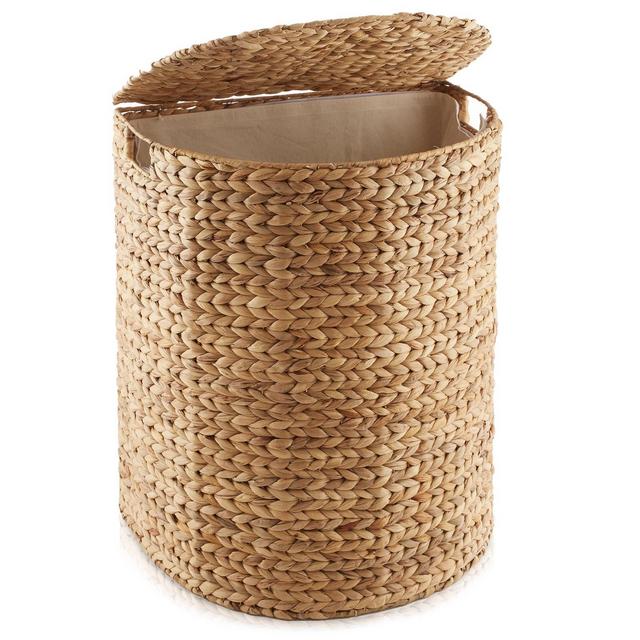 Casafield Half Moon Laundry Hamper with Lid and Removable Liner Bag - Natural, Woven Water Hyacinth Laundry Basket for Clothes, Towels