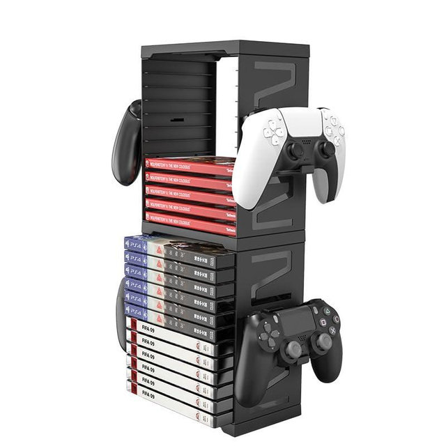 HONCAM Video Game Storage Tower for PS5 PS4 Xbox Nintendo Switch Games, Universal Discs Organizers 24 PCS with 4 Controllers Holder, Disk Box Stand Rack Accessories