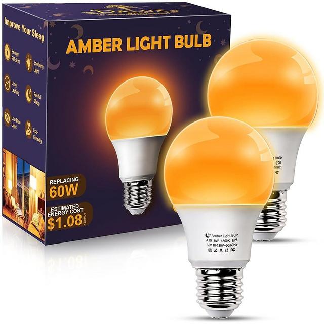 DALUXshop Amber Sleep Light Bulbs, Blue Light Blocking, A19 9W(60 Watt Equivalent) Dim Light Bulbs for Lamp, 1800K Warm Light Bulb, E26 for Healthy Sleep, Bedroom, Kids Room, 2 Pack