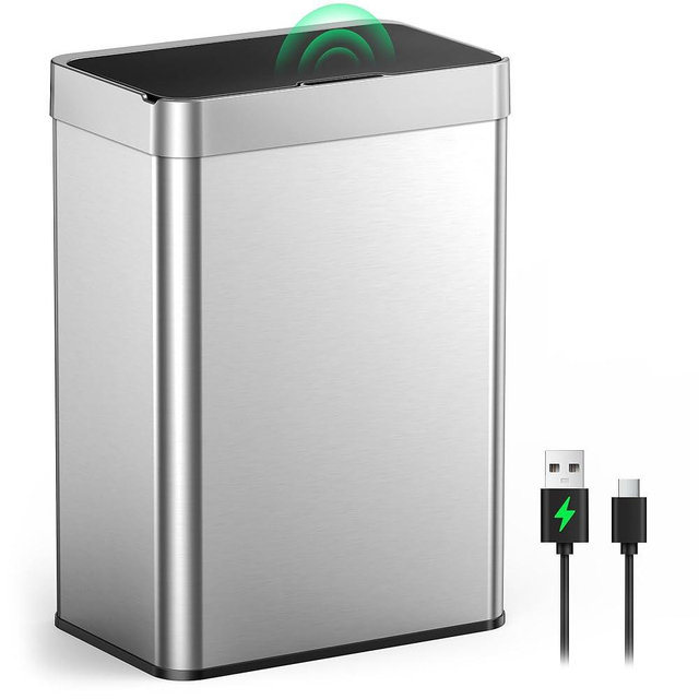 Kitchen Trash Can Touchless, 13 Gallon/50 L Stainless Steel Automatic Motion Sensor Trash Can, Type-C Rechargeable Garbage Can with Lid, Silent Close, Touchless Trash Bin for Home Kitchen, Silver