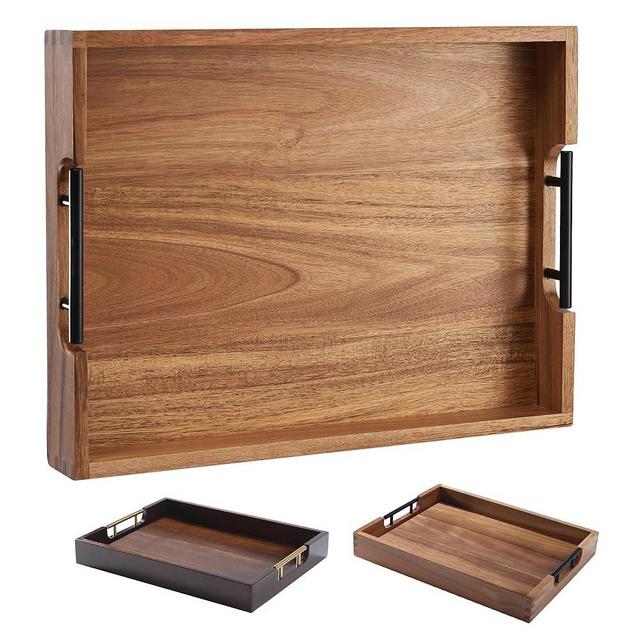 Joy&Grace Acacia Wooden Tray with Metal Handles Large Wood Serving Tray Decorative Ottoman Coffee Table Tray for Living Room Kitchen Food Tray for Bed Breakfast Dinner (Natural, 17" x 13")
