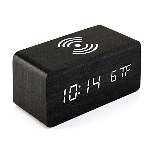 Oct17 Wooden Alarm Clock with Qi Wireless Charging Pad Compatible with iPhone Samsung Wood LED Digital Clock Sound Control Function, Time Date, Temperature Display for Bedroom Office Home - Black