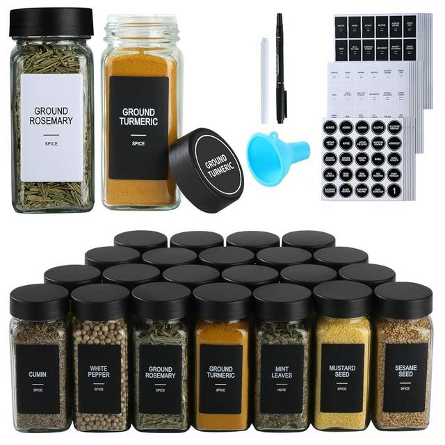 GMAMXD 24 Glass Spice Jars with Labels,Spice Jar Set,4oz Seasoning Containers,Spice Containers with Black Airtight Lids and Shaker Lids,Square Empty Spice Bottles, 492 Labels,2 Marker Pens,1 Funnel