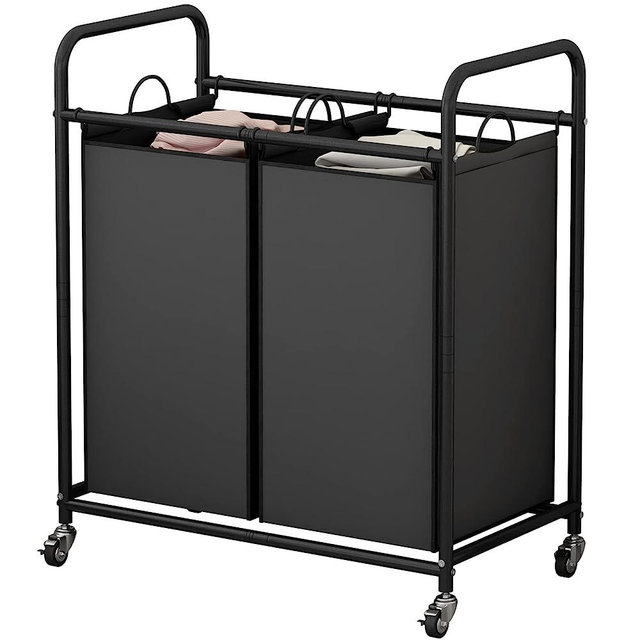 SUOERNUO Laundry Sorter Basket 2 Bag Laundry Hamper Cart with Rolling Lockable Wheels and Removable Bags Laundry Organizer Cart for Clothes Storage, Black