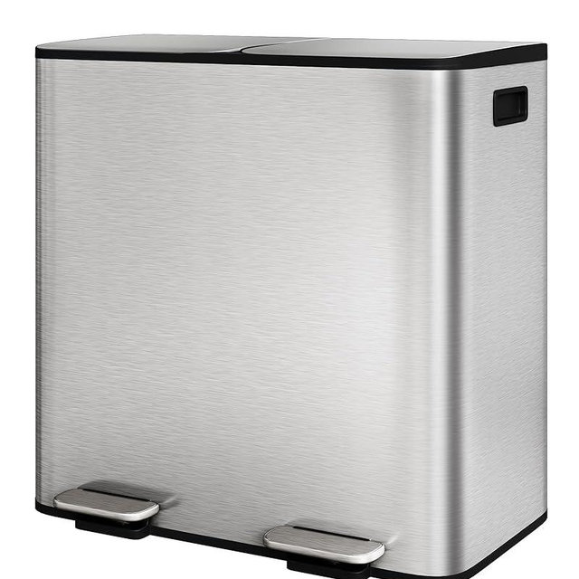 GarveeHome 2 x 10.6 gal Stainless Steel Double Trash Can with Lid for Kitchen, Large Dual Trash and Recycle Bin Combo, Step-on Kitchen Metal Garbage Cans, PP Inner Buckets, Liner Rim