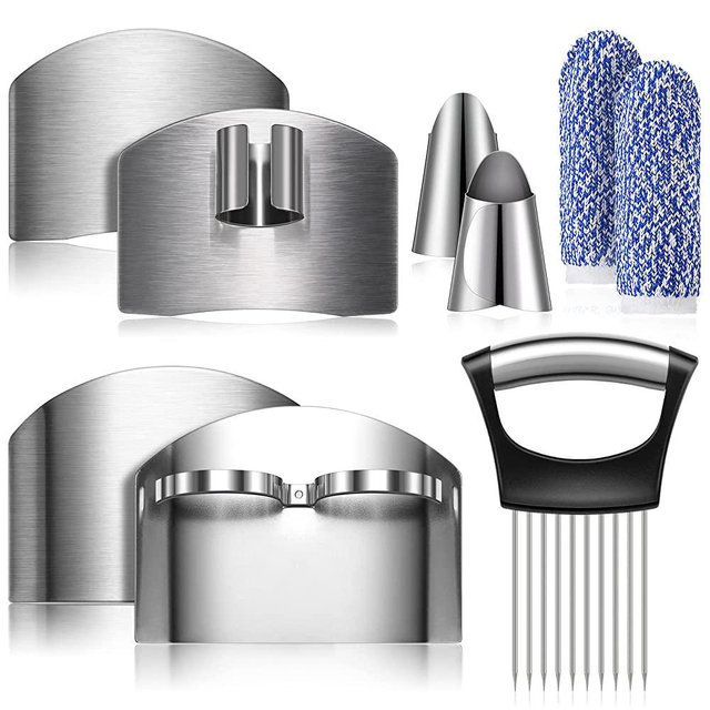 9 Pieces Finger Guard Set for Cutting, Finger Cots, Stainless Steel Knife Cutting Protector, Thumb Guard Peelers for Nuts and Onion Holder Slicer, Kitchen Tool Avoid Hurting When Slicing and Chopping