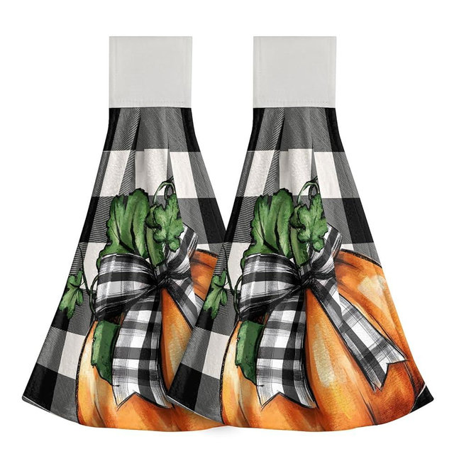 Giwawa Fall Hanging Kitchen Towel Pack of 2- Autumn Orange Pumpkin Checkered Decor Hand Loop Hook Towels- Buffalo Plaid Thanksgiving Soft Washcloth Dish Wipe Towel for Bathroom Laundry Room