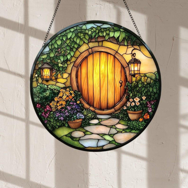 Hobbiton The Shire Faux Stained Glass Suncatcher, LOTR Acrylic Window Hanging, Lord of the Rings Fan Home Decor, Birthday Gift for Him