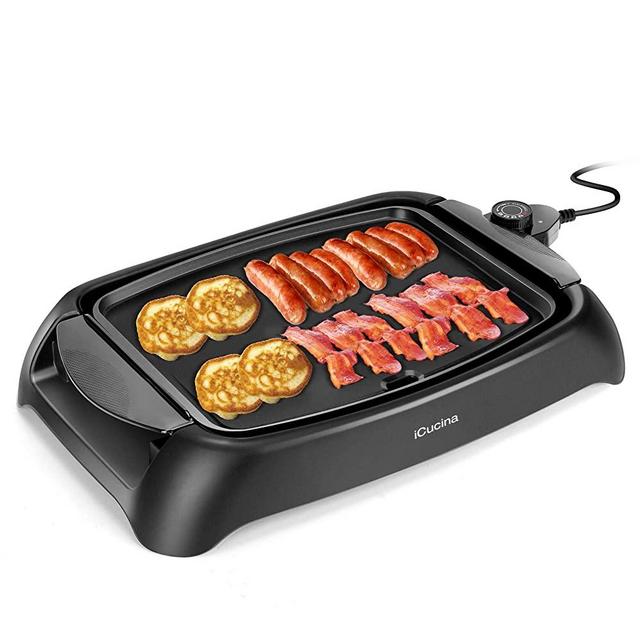 Icucina 1000 Watt Non-Stick Even-Heating Flat Electric Griddle Grill|Pancake,Dash Egg,Tortillas,Quesadillas Maker|13 in Fully Immersible Plate with removable Trip