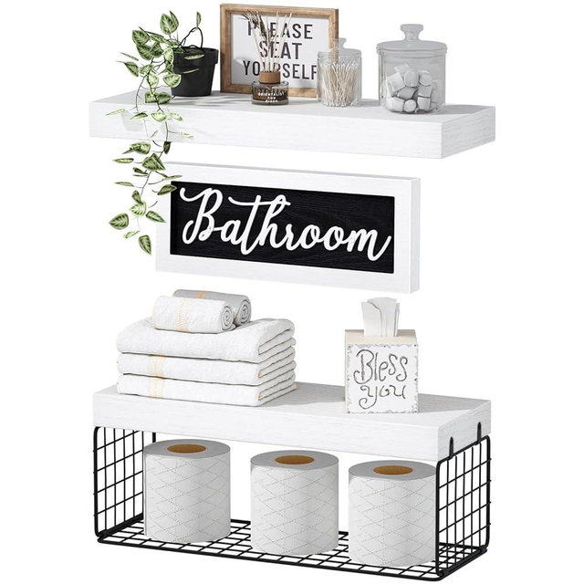 QEEIG ‎Bathroom Shelves Over Toilet - Paper Storage Wall Mounted Farmhouse Decor Decorations Aesthetic Décor Sign Small Floating Shelf 2+1 Set 16 inch, White and Black (020WB)