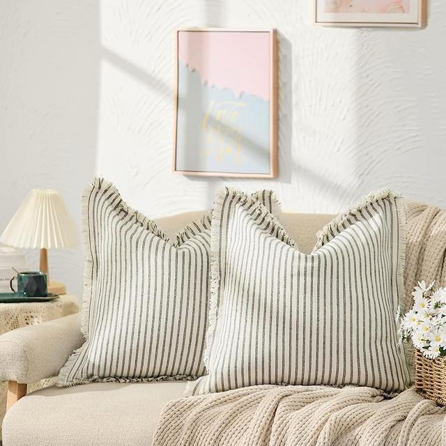 ZWJD Throw Pillow Covers 26x26 Set of 2 Striped Pillow Covers with Fringe Chic Cotton Decorative Pillows Square Cushion Covers for Sofa Couch Bed Living Room Farmhouse Decor