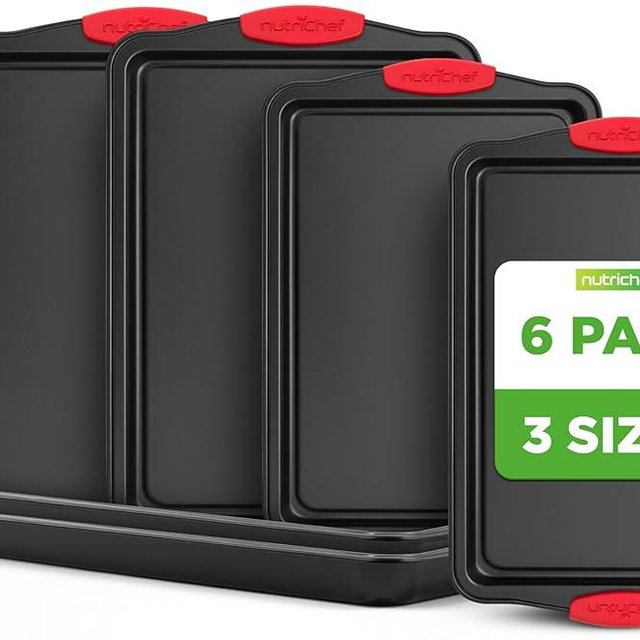 NutriChef Nonstick Baking Pans Set – Premium Cookie Sheets for Baking, Carbon Steel Stackable Baking Trays with Red Silicone Handles, Oven Safe Pans for Cookies, and Cakes, Dishwasher Safe (6 Pack)