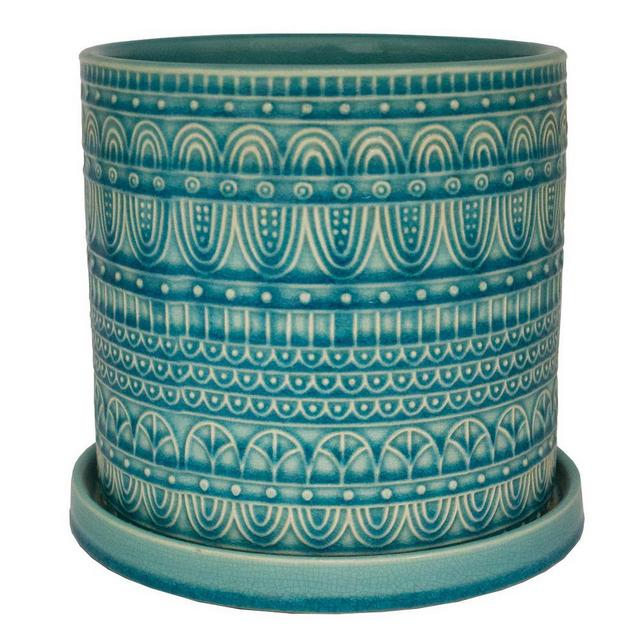 8 in. Dia Aqua Seven Seas Cylinder Ceramic Planter