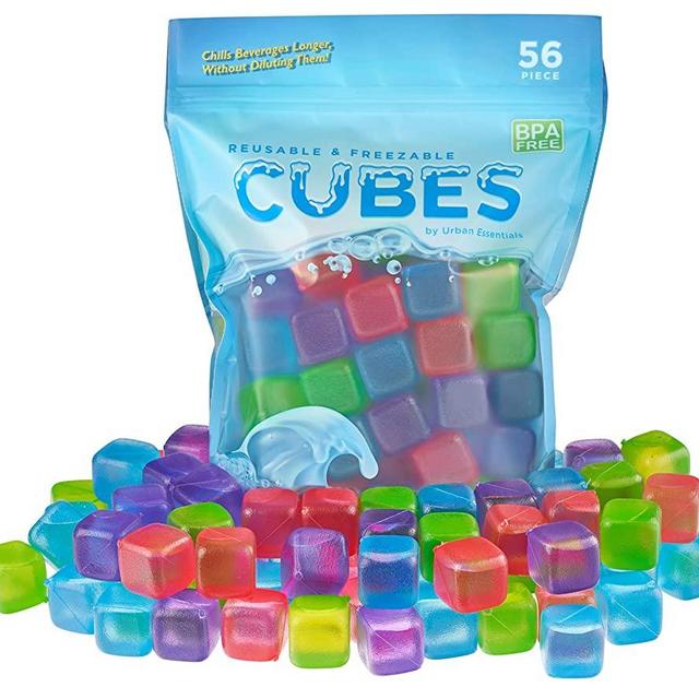Urban Essentials Reusable Ice Cubes - Quick Freeze Colorful Plastic Square Icecubes With Resealable Bag Assorted Colors Pack Of 56