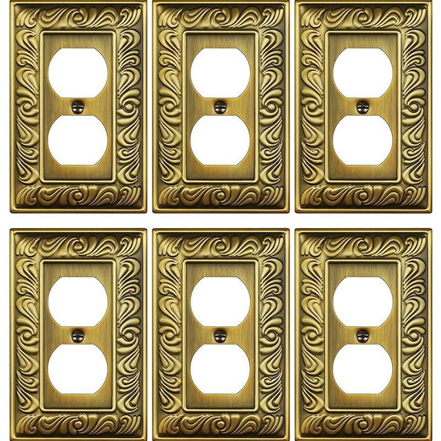 TREEWELL 6-Pack Duplex Outlet Cover Plate, Paisley Pattern Antique Brass Metal Wall Plates for Electrical Outlets, 1 Gang Receptacle Cover Decorative Switch Plates and Outlet Covers