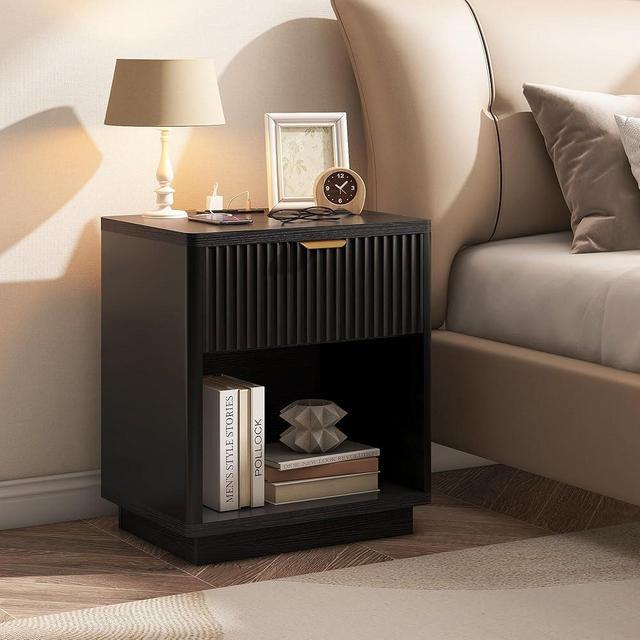 Nasonet Fluted Nightstand Charging Station,Wood Modern Night Stands Storage Cabinet for Bedroom, Black Bedside Table with Drawers