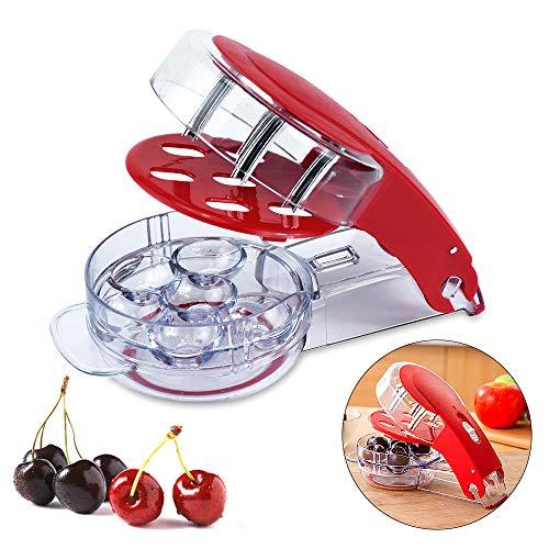 Locisne Revolutionary Cherry Pitter Olive Tool - 6 Cherries Red Remover with Pit and Juice Container