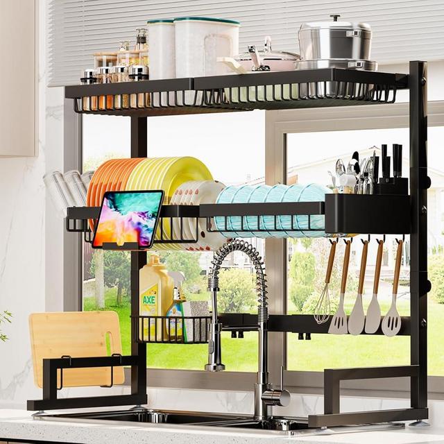 ADBIU Over The Sink Dish Drying Rack (Expandable Height and Length) Snap-On Design 2 Tier Large Dish Rack (27-36L x 12W x 32.5-37H (inches))