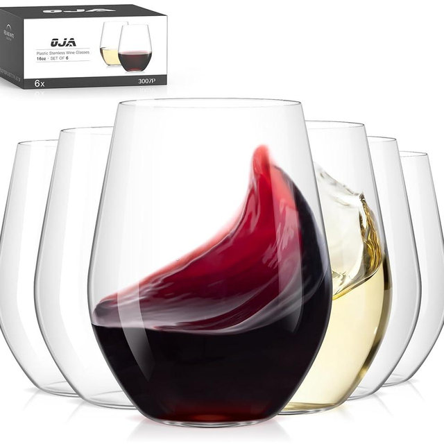 OJA Unbreakable Tritan Plastic Stemless Wine Glasses, 16oz Shatterproof Wine Glasses Set of 6, BPA-free, Reusable, Dishwasher-Safe, Clear Drinking Glassware for Outdoor Poolside, Camping, Party