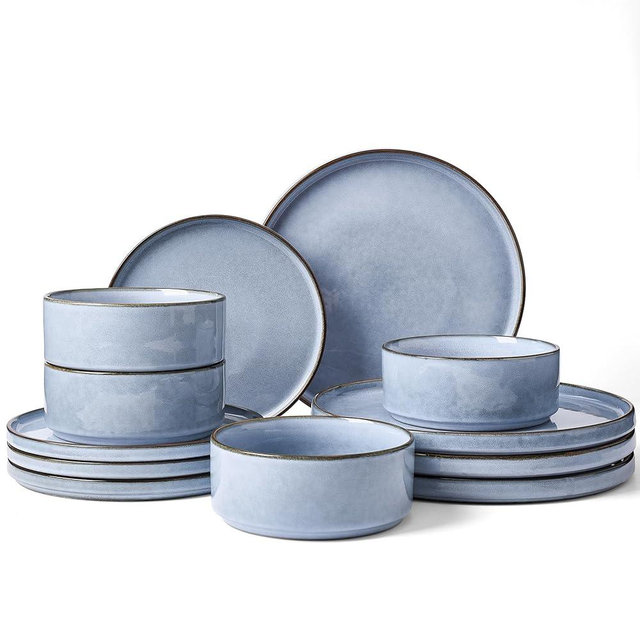 Famiware Annecy Plates and Bowls Sets, 12 Pieces Dinnerware Sets, Microwave and Dishwasher Safe Dishes Set for 4, Chip and Scratch Resistant, Reactive Blue