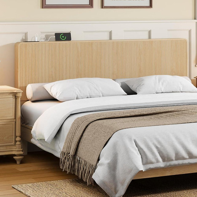 AVZEAR Fluted Headboard Queen Size, Modern Boho Queen Headboard Only, Wood Wall Mounted Headboard with 2 Outlets and USB & Type C Port, Curved Wooden Bed Headboards Bedroom Decor, Natural