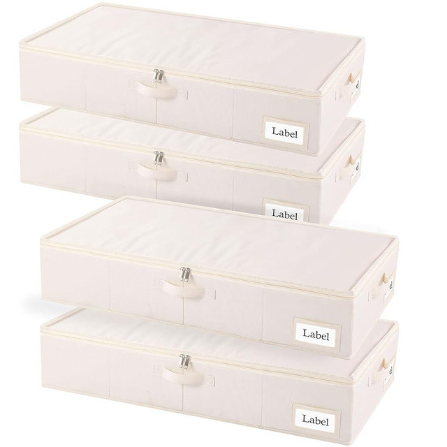 Yawinhe Under Bed Storage Containers with Handles, Sturdy Zipper und Label Holders, Foldable Blanket Storage Bags, for Comforter, Clothing, 31.5''Lx15.7''Wx6''H, 4-Pack, Beige SNH002BEL-4