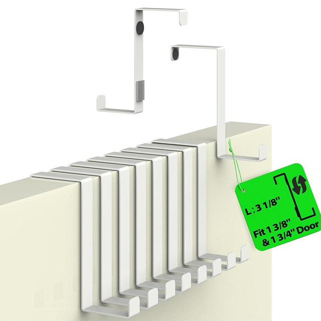 Menz Set of 10 Over The Door Hooks - White Coat Hanger, 2-Sided Towel Holder fits 1 3/8" & 1 3/4" - Hooks for Hanging with Anti-Scratch Felt Pads, Wreath Hanger with Removable Sticky Non-Slip Dots