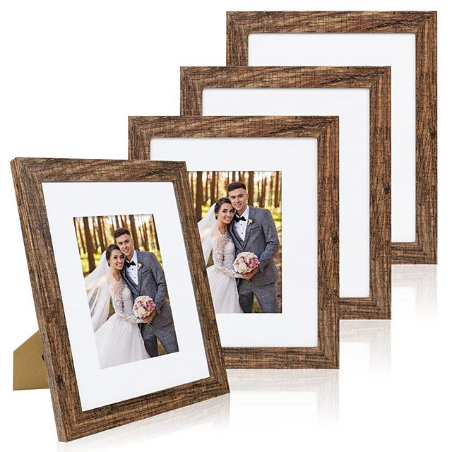 Hongkee 8x10 Picture Frame Set of 4, with Real Glass and Rustic Brown Wood Frame - 8x10 Frame with 5x7 Mat, 8 by 10 for Wall or Tabletop