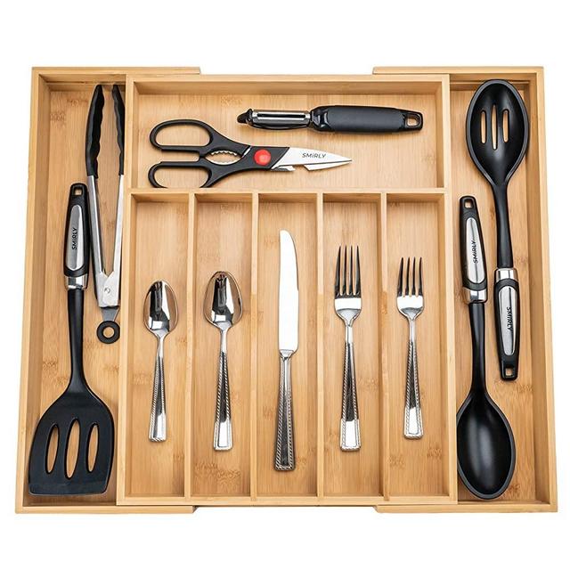 Smirly Kitchen Drawer Organizer - Utensil Tray Drawer Organizer, Silverware Tray for Drawer, Silverware Organizer Drawer, Bamboo Drawer Organizer Kitchen Utensil Organizer, Cutlery Organizer in Drawer