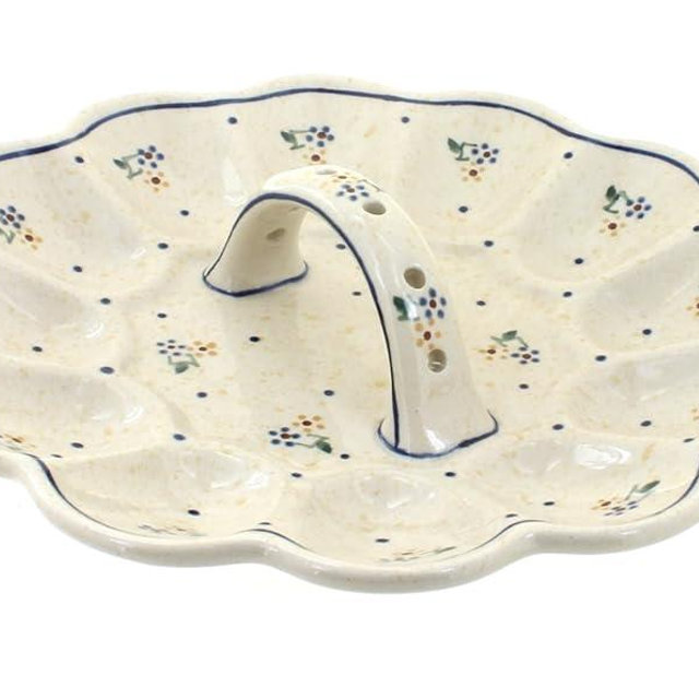 Blue Rose Polish Pottery - Off-white Country Meadow Egg Plate - 9.5" Diameter - Hand-Painted Polish Pottery Ceramic Deviled Egg Platter for Serving, Entertaining & Holidays
