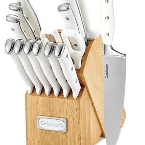 Cuisinart 15-Piece Knife Set with Block, High Carbon Stainless Steel, Forged Triple Rivet, White, C77WTR-15P