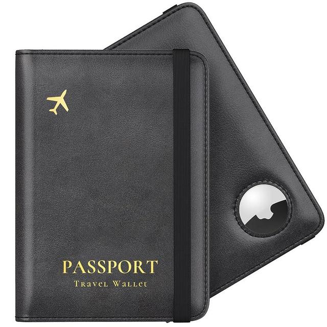 Stouchi AirTag Passport Holder, Slim Passport Holder Family with Airtag Slot, RFID Passport Wallet Cover for Men, PU Leather Passport Case, Anti-Lost Travel Accessories, Black