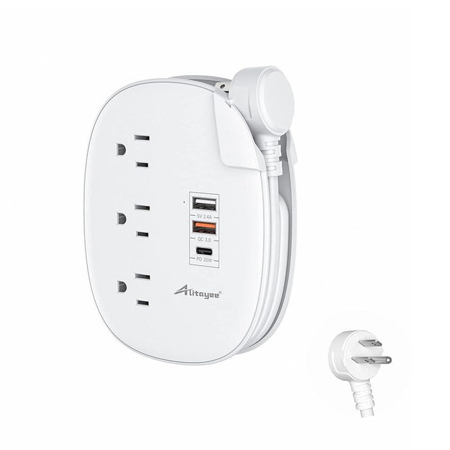 Alitayee 20W USB C Power Strip, Travel Power Strip with 3 Outlets and USB C Fast Charging for iPhone, QC 3.0 Charger, Flat Plug and 3ft Wrapped Around Extension Cord for Cruise Travel Home Office Dorm