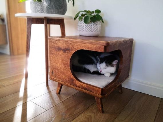 Stylish plywood cat house, cozy cat bed Rustical Box Dark Oak from PurrFur