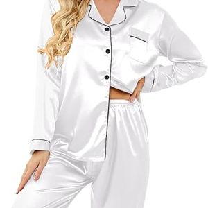 Ekouaer Women's Classic Button Down Long Satin Silk Pajama Set