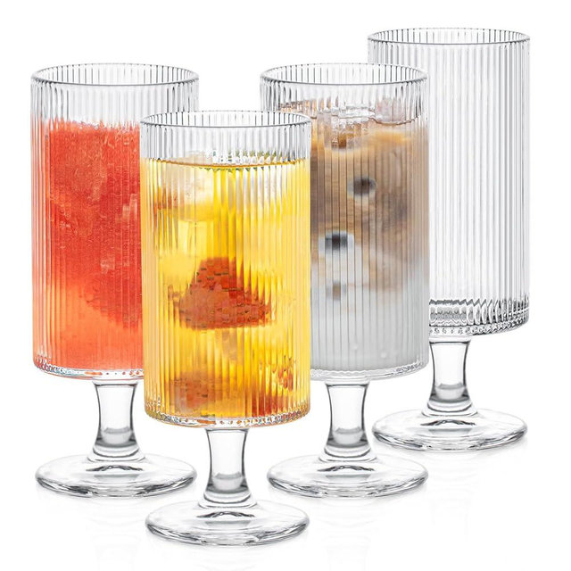 INSETLAN Set of 4 Ribbed Glass Goblets – 12oz Vertical Stripe Stemmed Glassware for Cocktails, Wine, and Beverages – Elegant Durable Glass Cups for Parties, Weddings, and Everyday Use