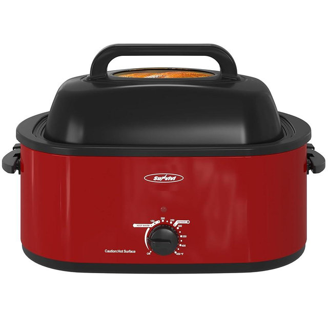 Sunvivi Roaster Oven, Electric Roaster Oven with Viewing Lid, 28lb 24-Quart Turkey Roaster with Unique Defrost/Warm Function, Large Roaster with Removable Pan & Rack, Stainless Steel, Red