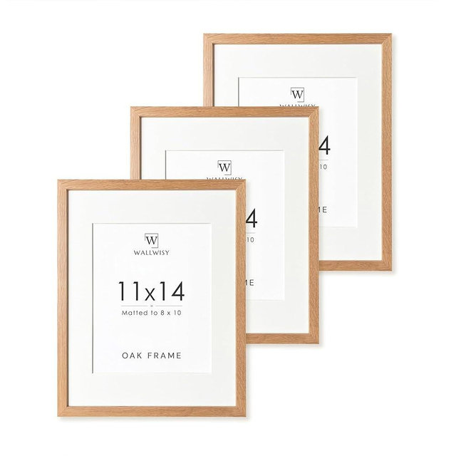 wallwisy 11x14 Picture Frame, 11x14 Solid Oak Frames with Mat to 8x10, 14x11 Wooden Frames for Wall, Natural Oak Wood Frame, Set of 3