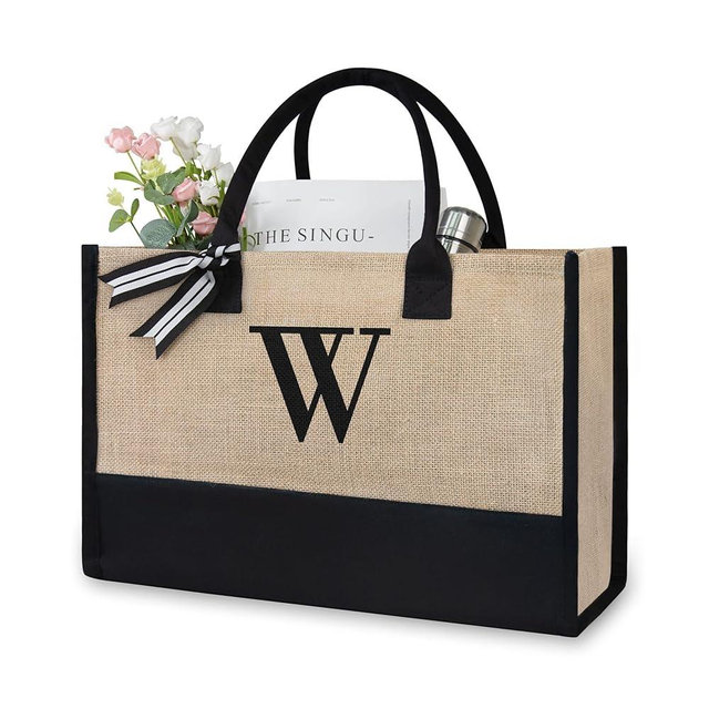 TOPDesign Initial Jute/Canvas Tote Bag, Personalized Present Bag, Suitable for Wedding, Birthday, Beach, Holiday, is a Great Gift for Women, Mom, Teachers, Friends, Bridesmaids (Letter W)