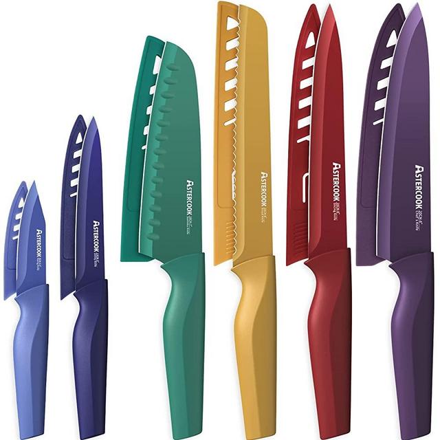 Astercook Knife Set, 12 Pcs Color-Coded Kitchen Knife Set, 6 Ceramic Coated Stainless Steel Kitchen Knives with 6 Blade Guards, Dishwasher Safe