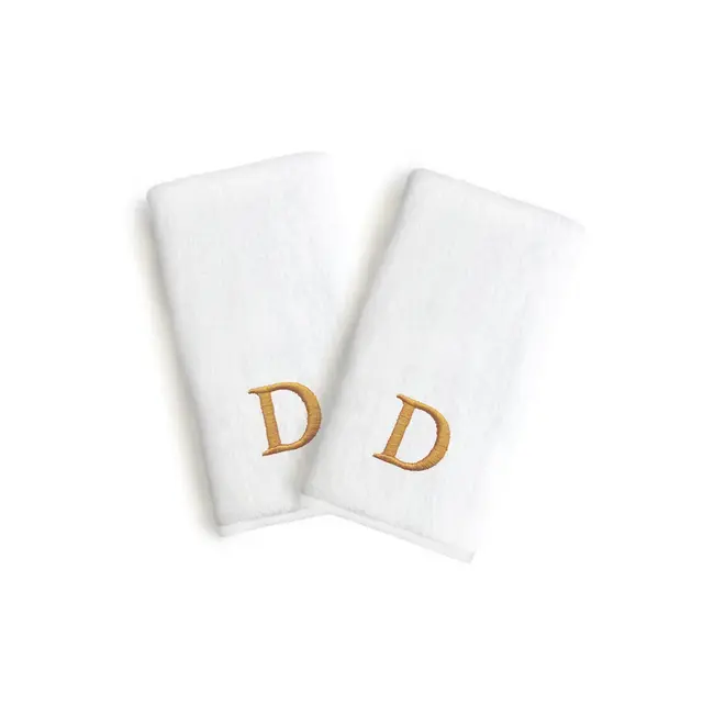 Linum Home Textles Monogrammed Luxury 100% Turkish Cotton Novelty White Hand Towels in Gold Bookman Font