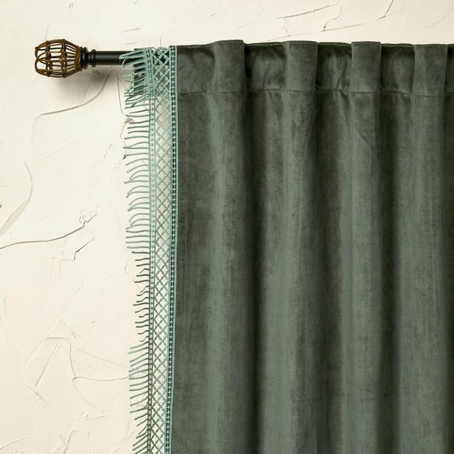 84"x54" Velvet Macrame Trim Light Filtering Curtain Panel Teal - Opalhouse™ designed with Jungalow™